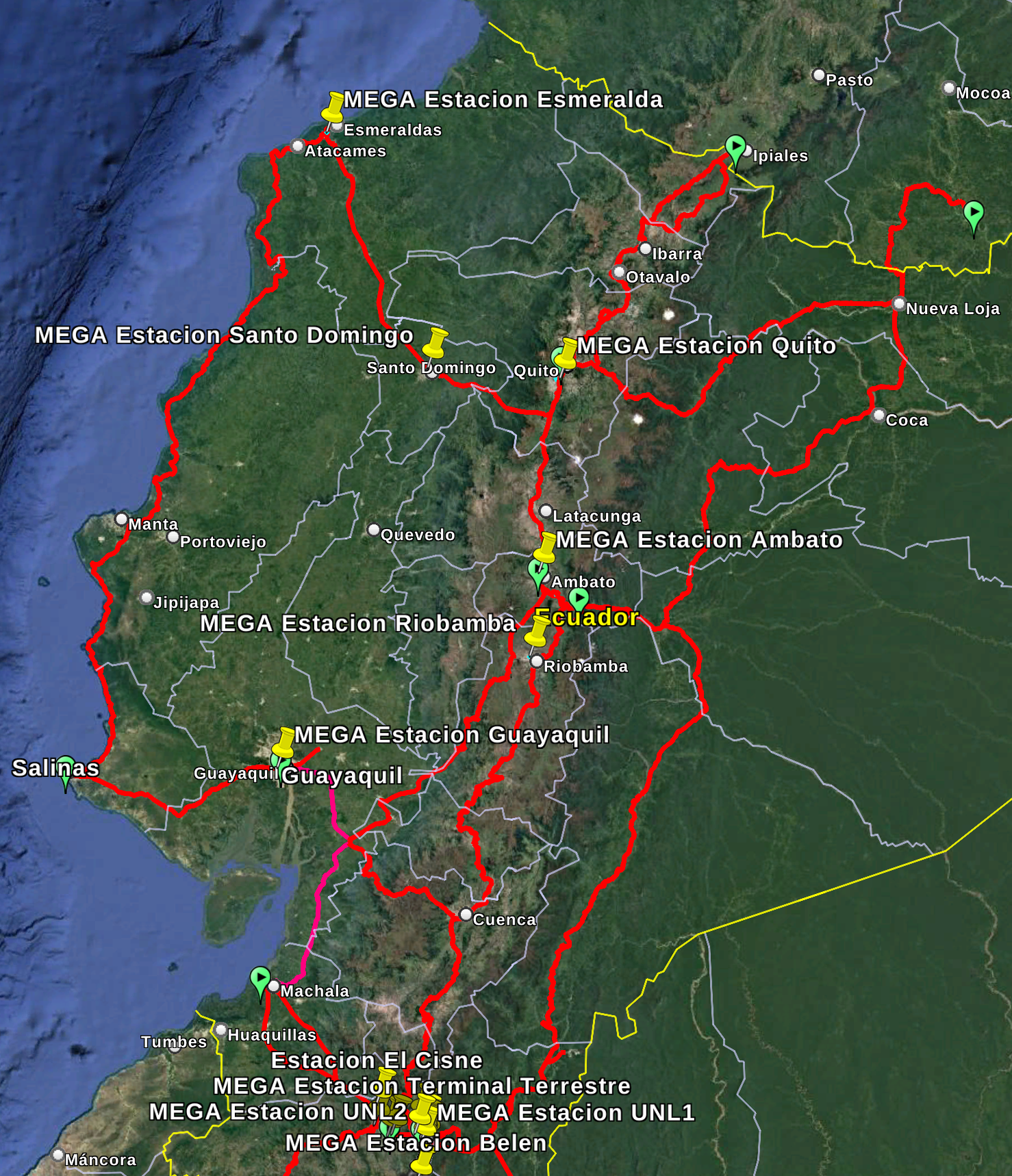 Mapa de rutas y mega estaciones de Celestavia en Ecuador